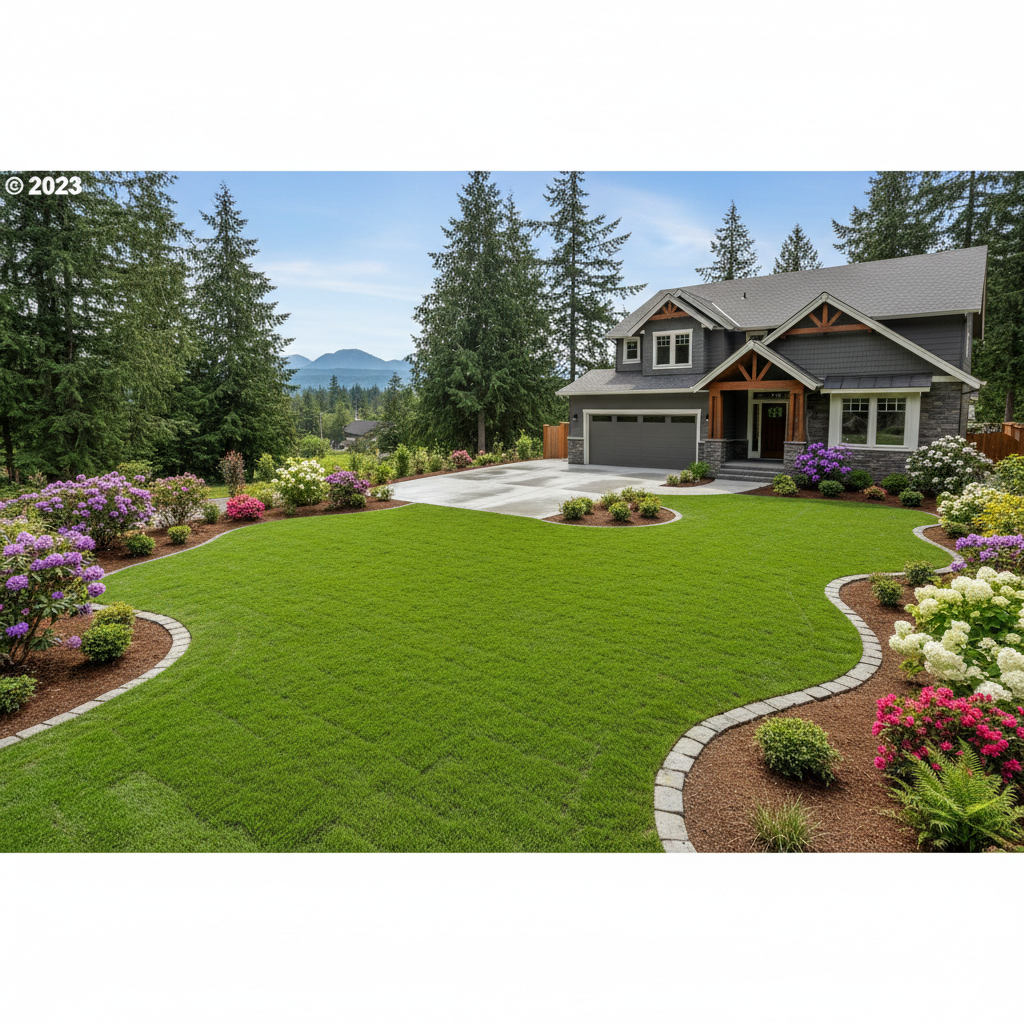 Residential front yard landscape makeover with fresh sod, stone edging and flowering shrubs