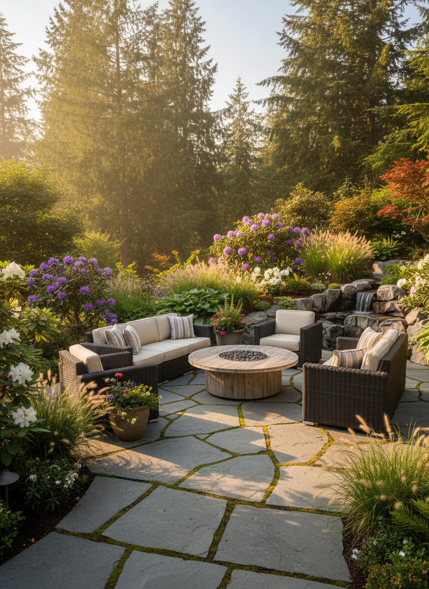 Sophisticated outdoor living area with stone patio and lush Pacific Northwest greenery