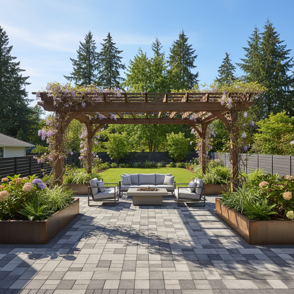 Residential backyard with interlocking paver patio, raised garden beds and pergola