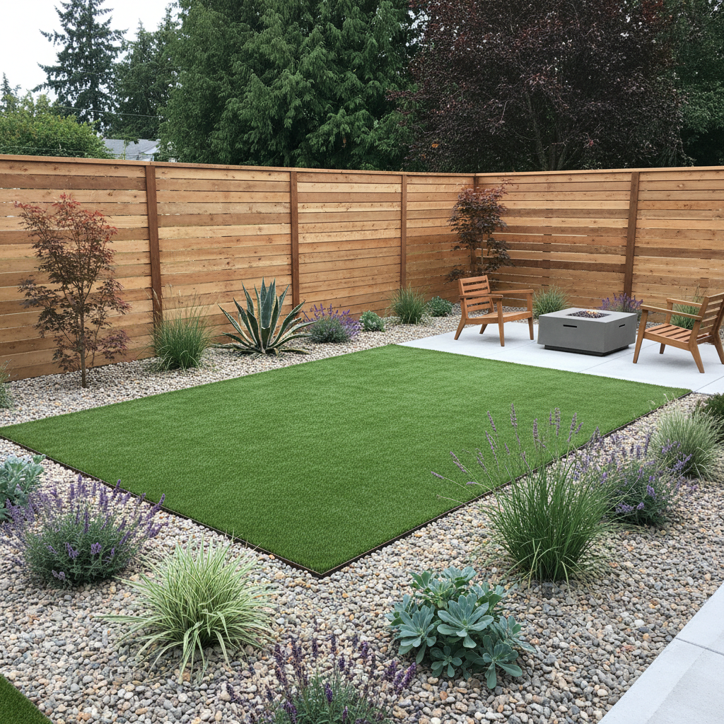 Modern low-maintenance backyard with decorative gravel and drought-tolerant plants