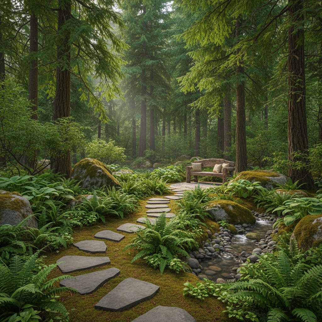 Wooded backyard retreat with stone stepping stones, ferns and cedar trees