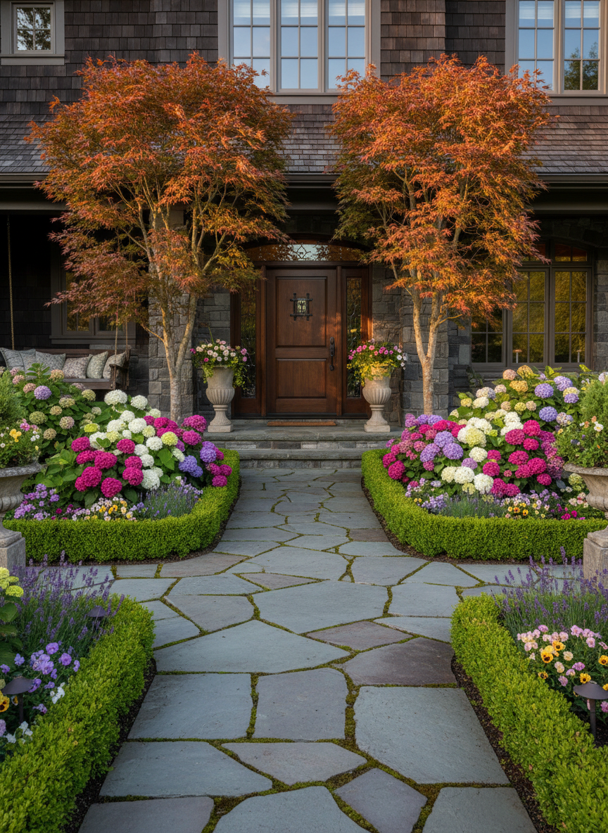 Refined front entry landscaping with symmetrical plantings and stone walkway