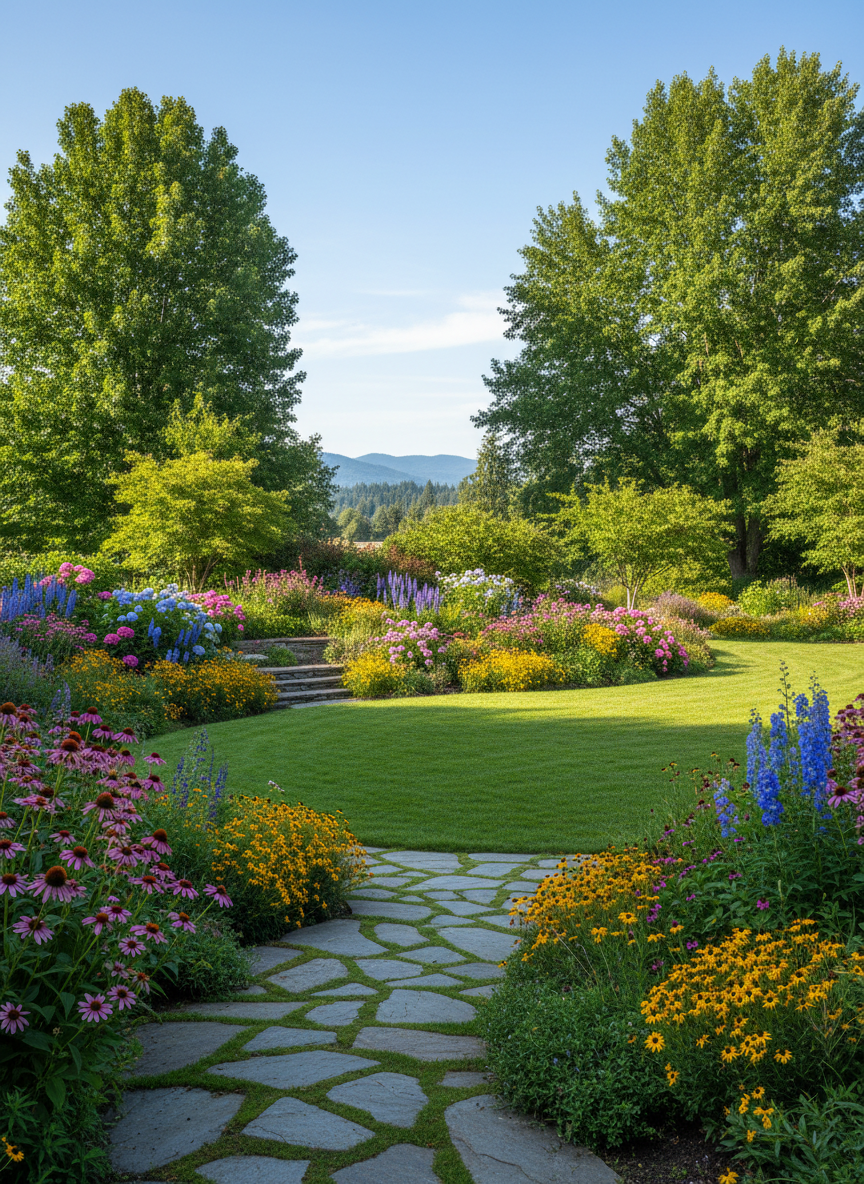 Professionally designed residential landscape with sweeping lawn and layered garden beds